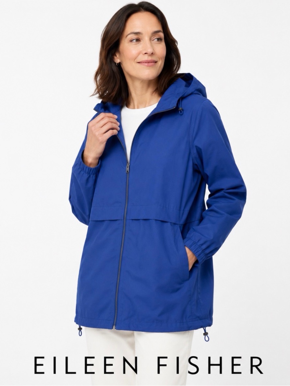 Eileen Fisher Hooded Cotton Nylon Utility Jacket Blue Zip Front Drawcord Medium